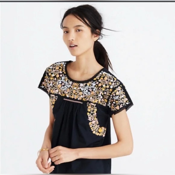 Madewell Top Womens XS Black Embroidered Floral Boho Short Sleeve Blouse Shirt - Picture 7 of 7
